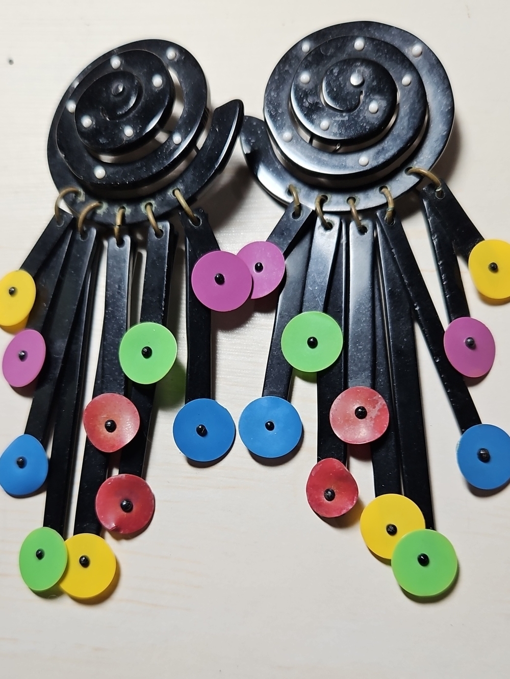 Vintage 1980 Colorful Disco Dangle Earrings - Black with Multicolor Discs